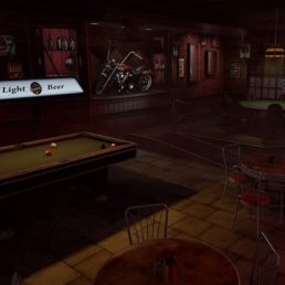 A dirty bar setting from Prominence Poker with a pool table and a poker table.