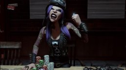 An animated women from Prominence Poker making an angry face while playing poker.