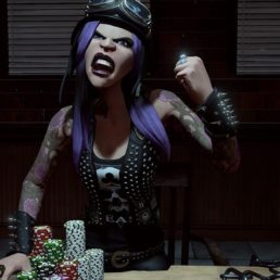 An animated women from Prominence Poker making an angry face while playing poker.