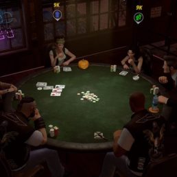 A group of Prominence Poker characters playing poker in a dark room.